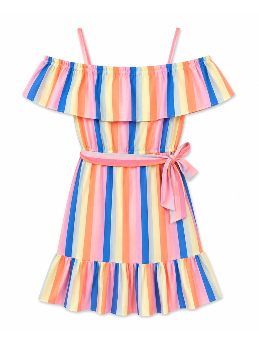 Rockets of Awesome Rainbow Striped Belted Cold Shoulder Dress Girls Size 7